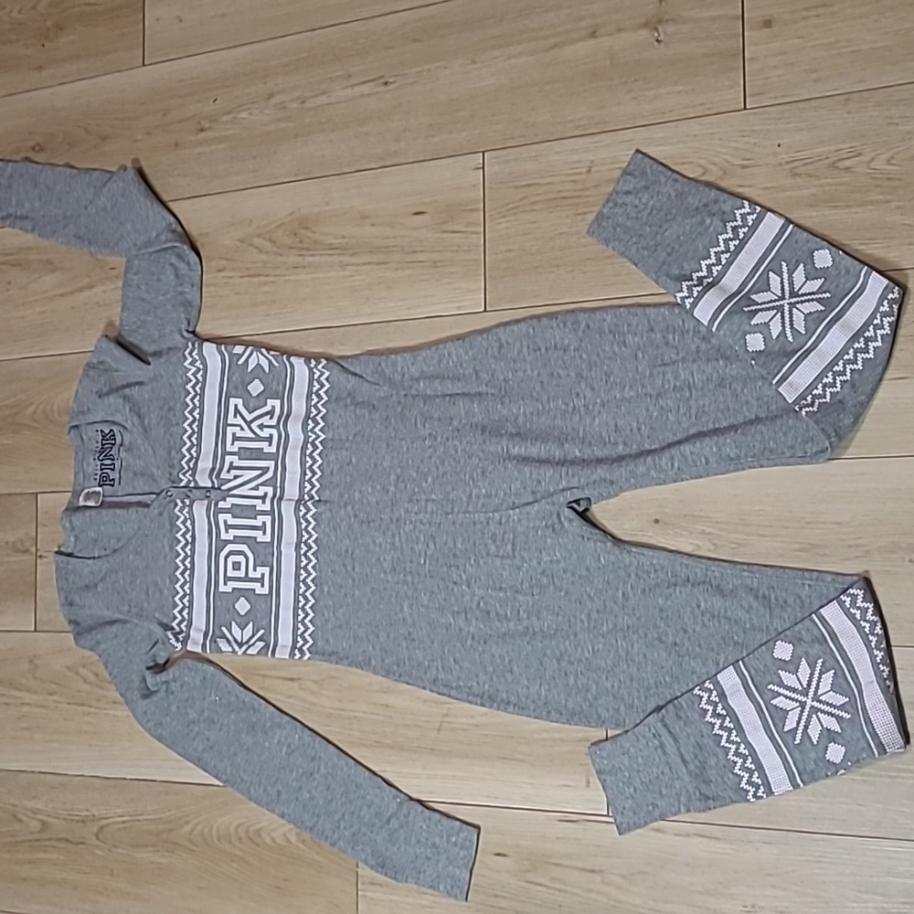 Victoria's Secret PINK Pajama One Piece Med Gray Fair Isle Thermal Back Flap - Picture 2 of 8